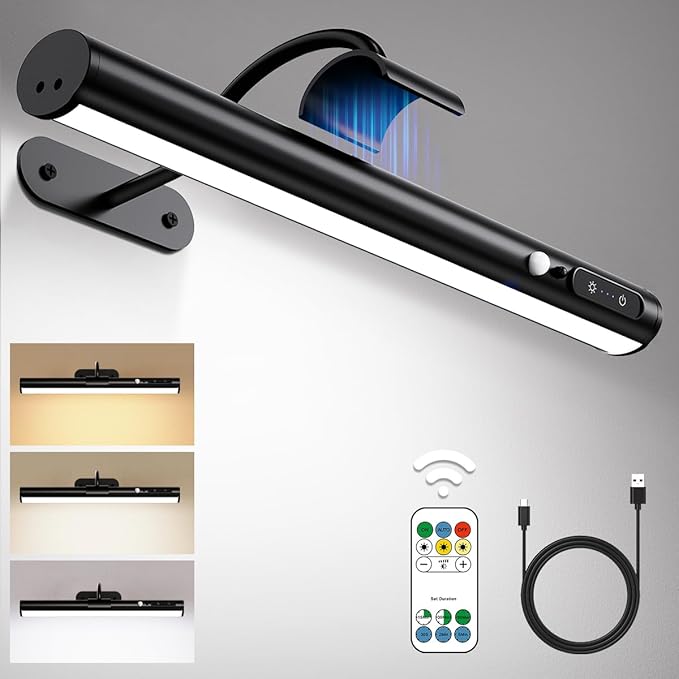Hapfish Motion Sensor Battery Operated Wall Sconce, Wireless Picture Lights for Wall, Rechargeable Magnetic Art Lighting with Remote Control, Battery Picture Light for Poster Dartboard Mirror - Black
