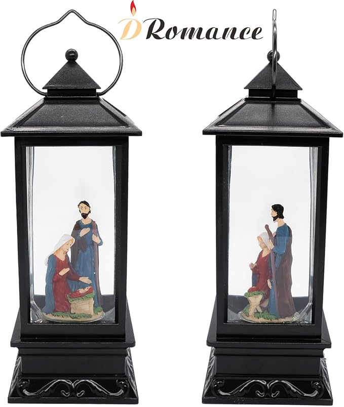 DRomance Nativity Music Snow Globe Lantern with Timer Battery Operated & USB Powered Lighted Singing Snow Globe Lamp Spinning Water Swirling Glitters Christmas Decor 4" x 4" x 12"