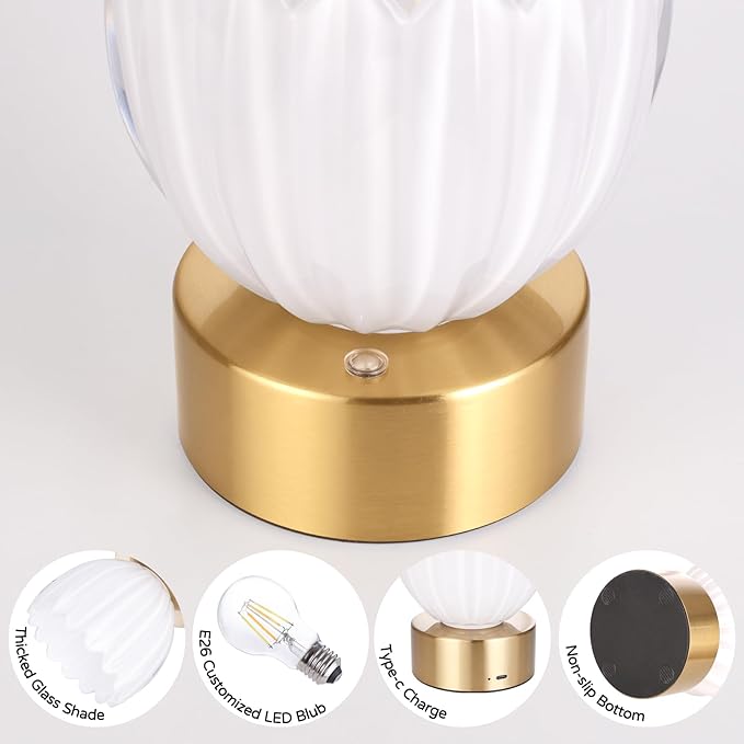 Cordless Small Table Lamp with 5200mAh Battery & Touch Control, Battery Operated Tulip Table Lamp with 3 Colors, Rechargeable Mini Table Lamps for Bedsides, Bedroom, Nightstand (White)