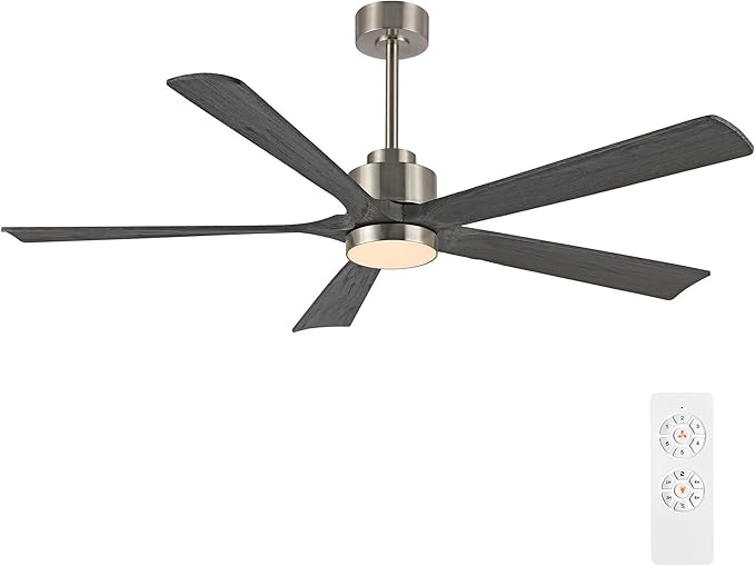 ELEHINSER 52" Modern Ceiling Fan with Lights and Remote Control, 5 Solid Wood Blades 6-Speed Noiseless Reversible DC Motor, Ceiling Fan for Bedroom Dinning Living Room, Nickel Finish with Wood Blades
