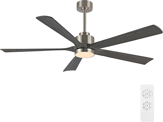 ELEHINSER 52" Modern Ceiling Fan with Lights and Remote Control, 5 Solid Wood Blades 6-Speed Noiseless Reversible DC Motor, Ceiling Fan for Bedroom Dinning Living Room, Nickel Finish with Wood Blades