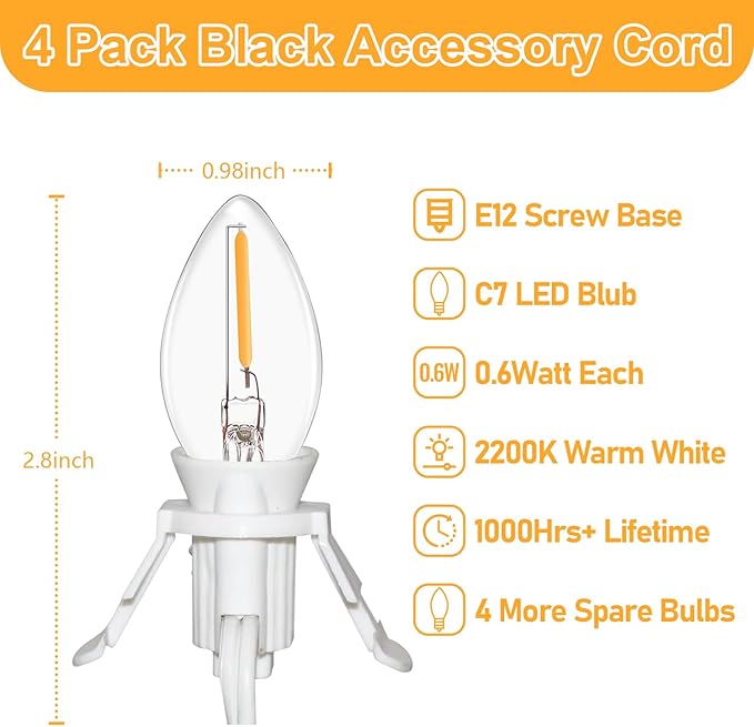 4 Sets 6FT White Accessory Cord with 8pcs LED Night Light Bulbs (4 Spare), E12 Socket C7 Bulbs Clip Lights with 360 Degrees On/Off Switch Plugs for Craft Lighting Halloween Christmas House Decorations