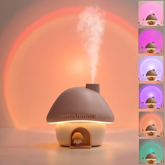 Humidifier for Bedroom, 300ML Cute Mushroom Humidifier with Night Light & 6 Colors Sunset Lamp Projection, Rechargeable Cool Mist Small Humidifier, Mini Humidifier Gifts for Kids Boys Girls (Pink)