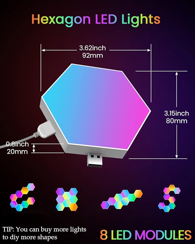 TISOFU Hexagon Lights (8 Pack) LED Wall Panels, RGB Gaming Lights with APP, Smart Modular Panel Hex Tiles Push Glide Expansion Shapes Light