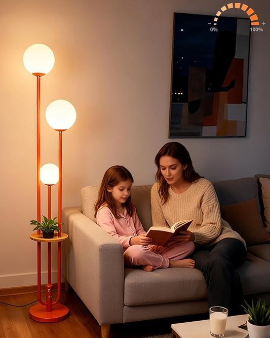 Lightdot 63IN Orange Floor Lamp with Shelf Mid Century Modern Tall Standing Lamps with 3000K Warm White Bulb Included Dimmable Globe Floor Lamp for Living Room/Party/Sofa Beside/Corner Decor