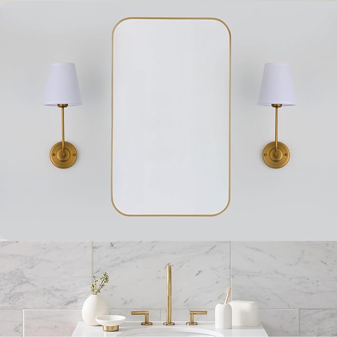 TERLEENART Hardwired Wall Sconce Set of 2 with Flared Shape White Textile Shade Curved Arm and Antique Brass Finish Metal Base,Perfect for Bedroom Living Room Bathroom Vanity Area