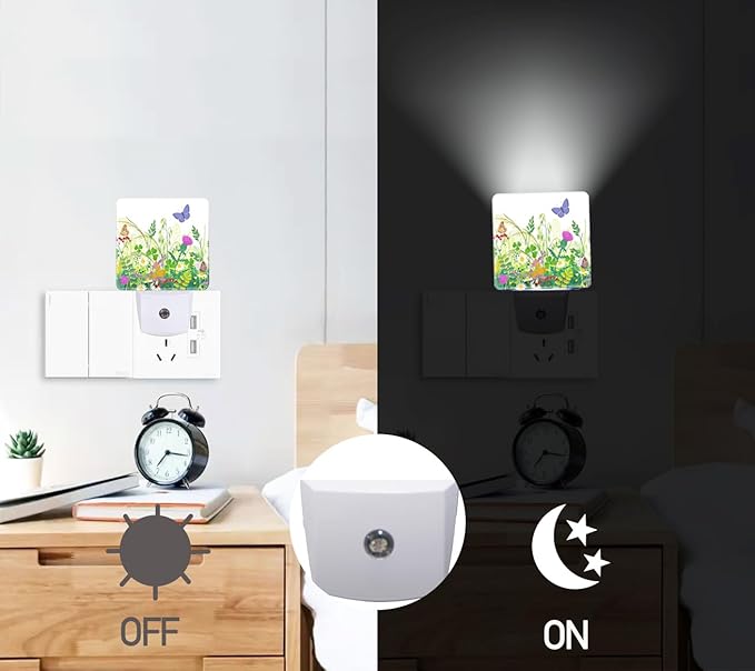 Spring Butterfly Plug-in LED Night Light,Floral Wildflowers Auto Dusk to Dawn Sensor Nightlights Plug into Wall,Flower White Energy Efficient Night light for Bedroom,Bathroom,Kitchen,Stairs,Hallway