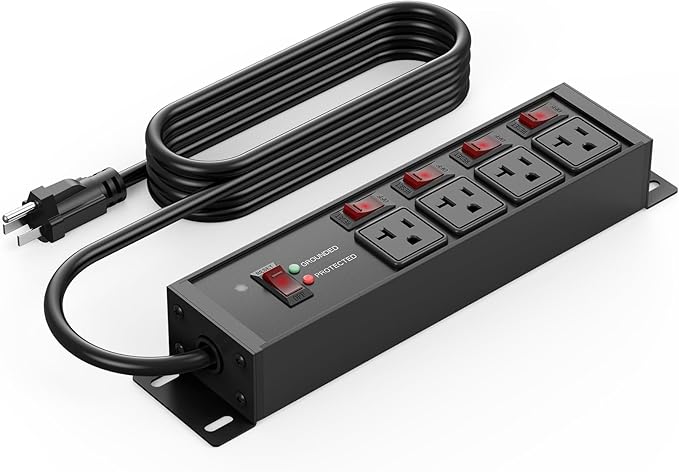 CCCEI Heavy Duty Surge Protector Power Strip 20 Amp Individual Switches. 15FT 12 Gauge Extension Cord with Multiple Outlets. Kitchen, Garage, Shop, Industrial Wall Mount Electric Extender, Black.
