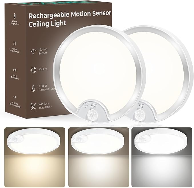 TOOWELL Rechargeable Motion Sensor Ceiling Light: Battery Operated Shower Light Waterproof, Wireless Closet Lights Indoor, Motion Sensor Lights for Closet Shower Bathroom Porch 500LM, 2 Pack