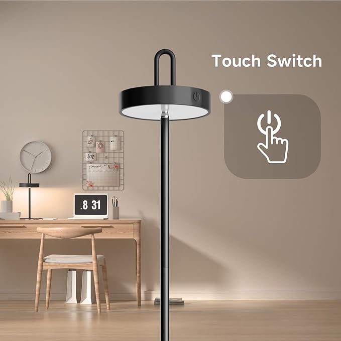 Cordless Floor Lamp for Outdoor/Indoor, Rechargeable Battery Operated LED Table Lamp, Touch Lamp with 3 Color Stepless Dimmable, Waterproof Wall Lamp with 5 Adjustable Heights