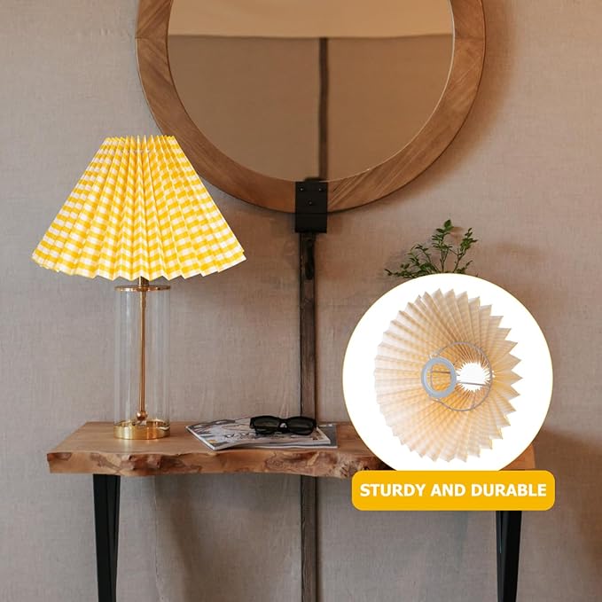 NUOBESTY Vintage Pleated Drum Lamp Shade Cover for Bedroom Table and Floor Lamps Yellow Gingham Cloth Fabric Easy Installation Replacement Lampshade for Home Hotel Study Socket Compatible