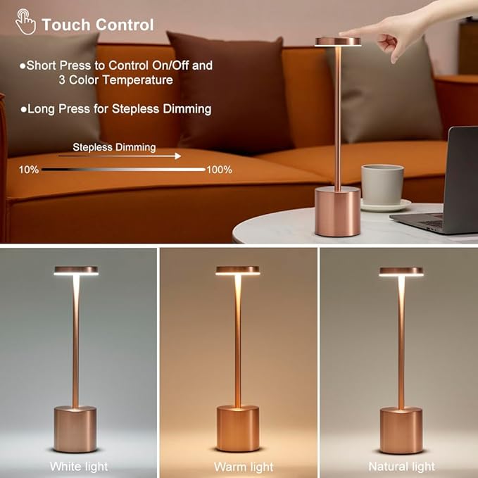 2 Pack LED Rechargeable Cordless Table Lamps,Portable Outdoor 5000 mAh Battery Operated Table Light Touch Control 3 Color Dimmable Lamp for Patio/Cofee/Restaurant/Camping/Dining/Bedroom-Rose Gold