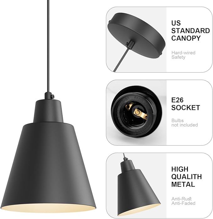 Industrial Pendant Lights, Black Pendant Light Fixtures, Vintage Kitchen Island Light with Black Metal Shade, Farmhouse Pendant Lights for Dinning Table Bedroom Bar - Black, 3 Packs