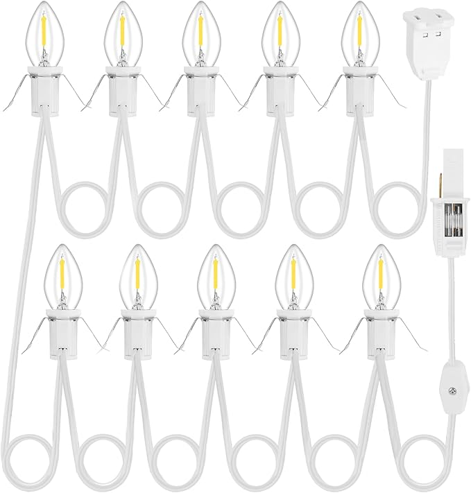 1Pack Accessory Cord with 10 LED Light Bulbs and Outlet - 17.7FT White Cord, Warm White C7 Lamp for Halloween and Christmas Village Accessories