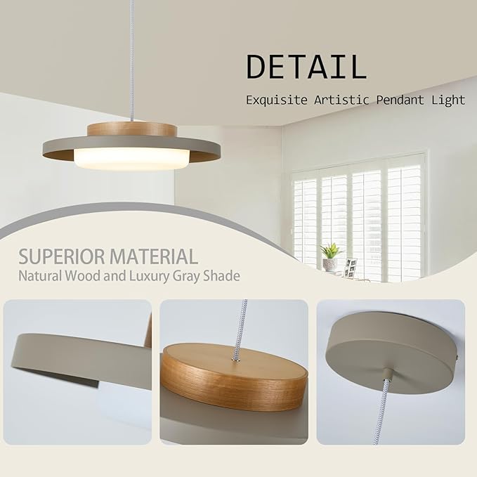 Modern Pendant Lights,15 inch,Natural Wood Cap,3000K/Warm White/22W Dimmable,LED Pendant Light Fixtures for Kitchen, Dining Room, Living Room,Gray