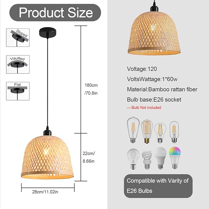 Bamboo Pendant Light 11.02" Hand Woven Bamboo Chandelier,3-Pack Rattan Ceiling Hanging Light,for Living Room Kitchen Dining Room Farmhouse