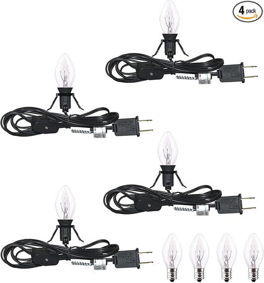 6FT Accessory Cord for Craft Lighting Halloween Pumpkin Christmas House Decorations, 4 Sets Candelabra-Base E12 Socket C7 Bulbs Clip Light with On/Off Switch Plugs (8 Bulbs, 4 Spare)