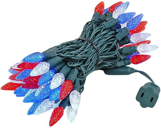 Novelty Lights 24FT 70 LED C6 Outdoor USA String Lights, Commercial Grade Christmas Tree Decorations (Red/White/Blue)
