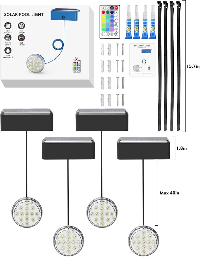 Solar Pool Lights for Inground Pools Waterproof with Remote, Outdoor Solar Lights, RGB 16 Colors Changing Submersible LED Pool Lights for Above Ground Pools Accessories, Pond, Garden (Black,4Pack)