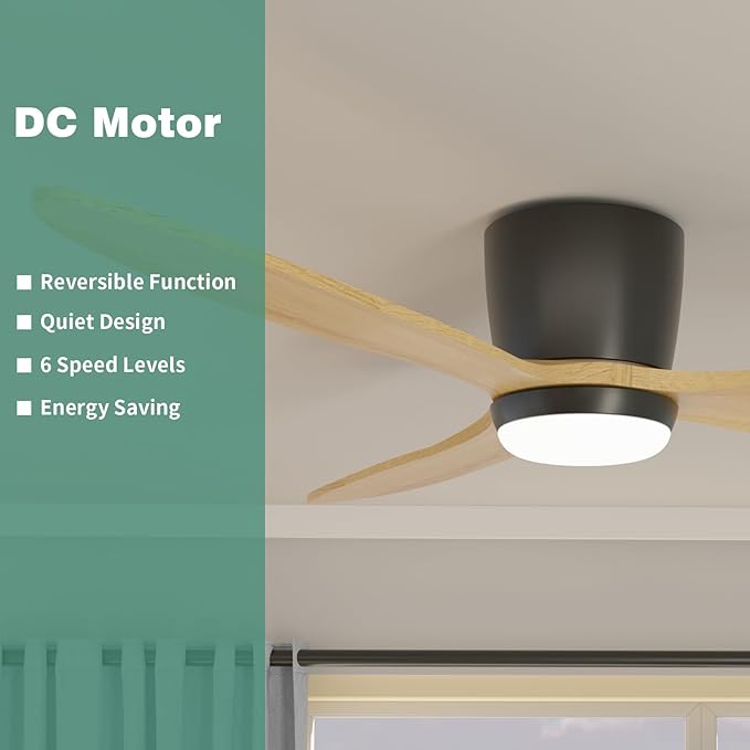 Flush Mount Ceiling Fan with Light, 52 inch Low Profile Ceiling Fans with Remote for Outdoor/Patios, 3 Color Light, 6 Speed, DC Motor, Wood and Modern Matte Black, DOE Certified