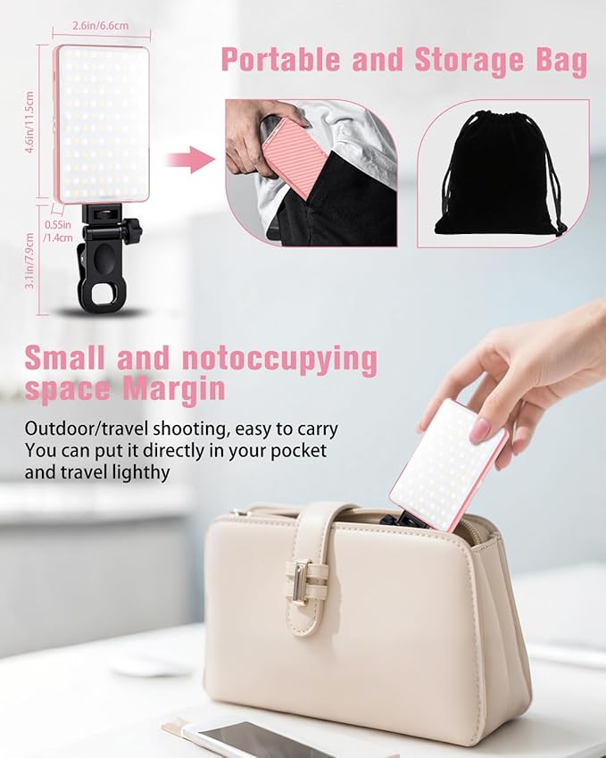 168 LED Selfie Light for iPhone, Phone Light, 3000mah Rechargeable Picture Light Clip Portable Lights for Phone, Camera, Laptop, iPad, 3 Lights Modes for Makeup, Video Conference, TikTok, Vlog (Pink)