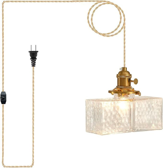 Plug in Pendant Light for Ceiling, 7.09 Inch Vintage Light Fixtures Clear Glass Lampshade Hanging Lights with Plug in Cord Two Ways Switches Industrial Pendant Lights for Bedroom Living Room