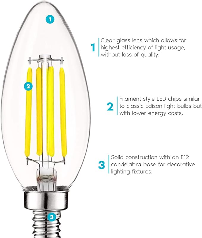 LUXRITE Vintage Candelabra LED Bulb 60W Equivalent, 550 Lumens, 5000K Bright White, LED Chandelier Light Bulbs 5W, Dimmable, Torpedo Tip Clear Glass, Filament LED Candle Bulbs, E12 Base (12 Pack)