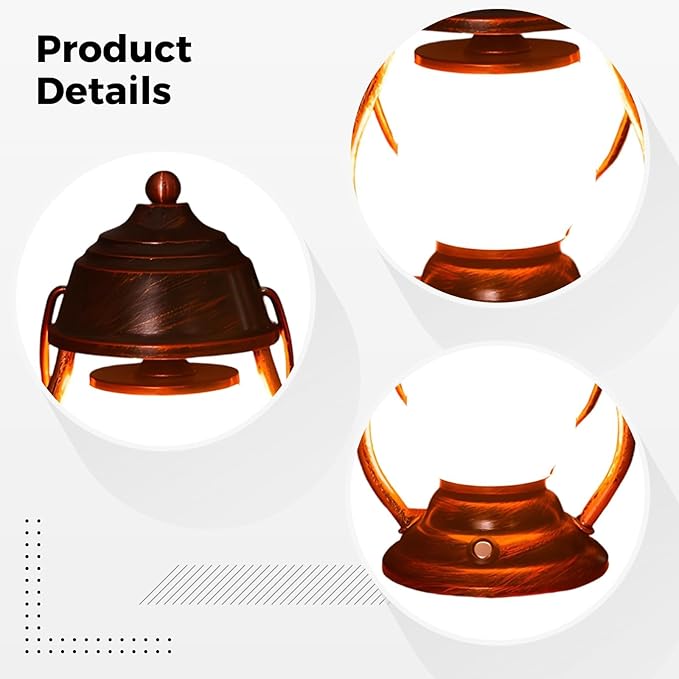 Retro Rechargeable Led Lantern, 9.4 in / 24 Cm Flickering Battery Powered Table Lamp, Bronze Iron Art Decorative Light