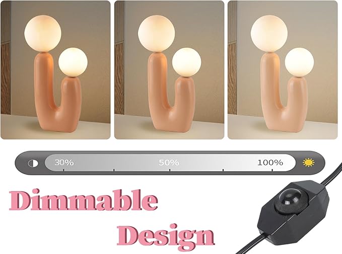 Nordic Pink Cactus Table Lamp - Creative Resin Aesthetic Milk White Globe Glass 2 Lights for Bedroom, Living Room, Children's Room, Home Decor