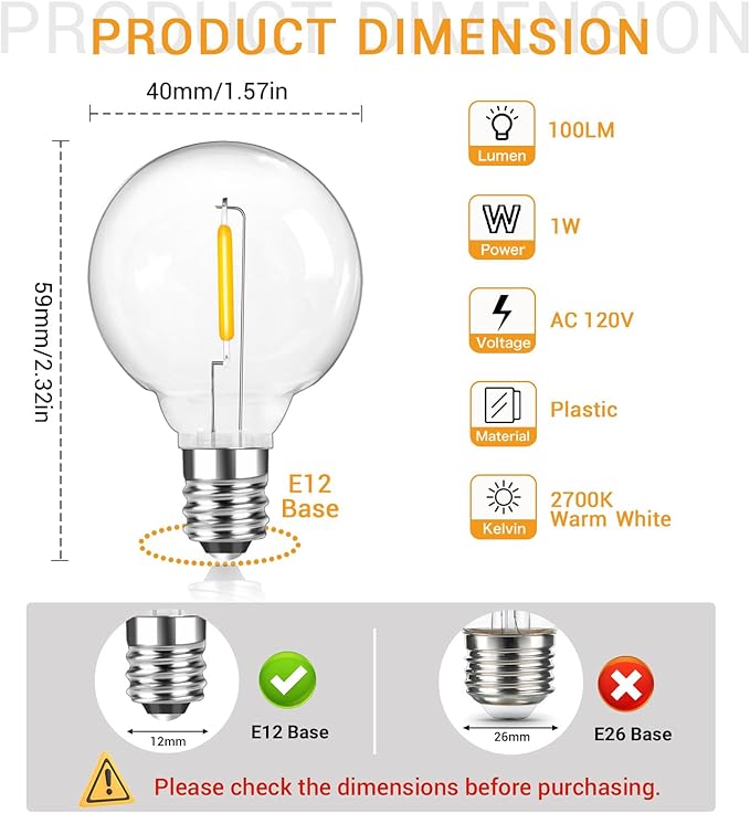 G40 LED Replacement Light Bulbs, 1W E12 Base Shatterproof Clear Globe Light Bulbs for Indoor Outdoor String Lights, Patio Porch Garden Decor, Warm White, 25 Pack
