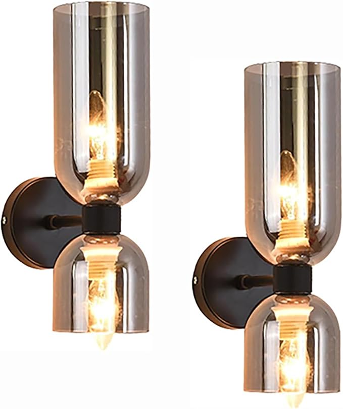 Modern Wall Sconces Set of 2 | Black Metal & Smoke Gray Glass | Bedroom, Living Room & Bathroom
