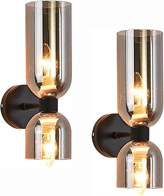 Modern Wall Sconces Set of 2 | Black Metal & Smoke Gray Glass | Bedroom, Living Room & Bathroom