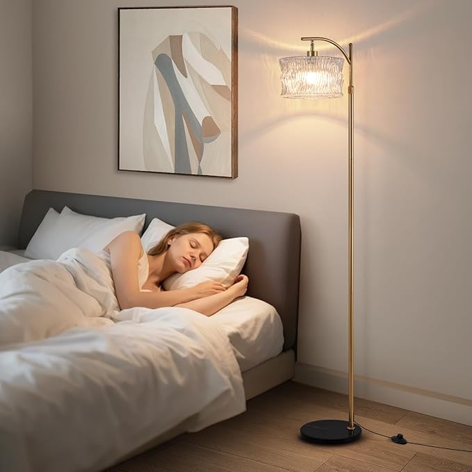 Dimmable Glass Floor Lamp for Living Room, Modern Gold Standing Lamp with Remote Control, Vintage Clear Glass Lampshade Tall Lamp for Bedroom Study Room(LED Bulb Included)