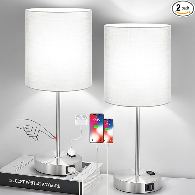 Set of 2 Grey Touch Control Table Lamps with 2 USB Ports & AC Outlet, 3-Way Dimmable Bedside Nightstand Lamps, Desk Lamp for Bedroom Living Room Nursery, 800 Lumens 5000K Daylight Bulbs Included