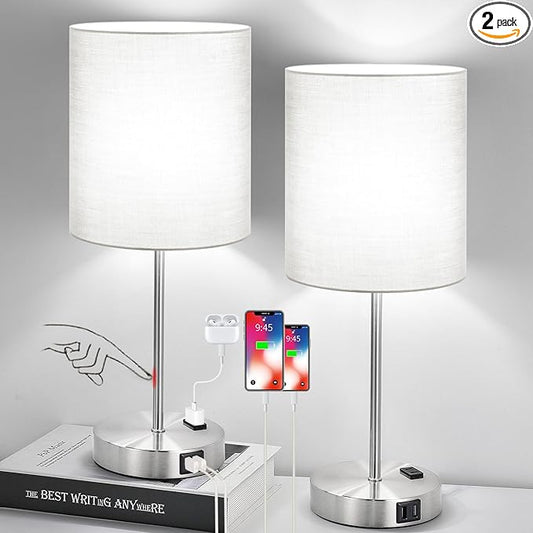 Set of 2 Grey Touch Control Table Lamps with 2 USB Ports & AC Outlet, 3-Way Dimmable Bedside Nightstand Lamps, Desk Lamp for Bedroom Living Room Nursery, 800 Lumens 5000K Daylight Bulbs Included