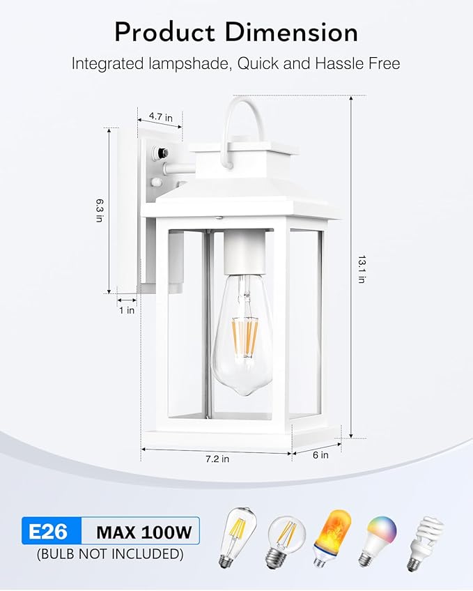 VIANIS White Porch Lights Outdoor, Modern Dusk to Dawn Exterior Lighting Fixtures Wall Mount for House, 100% Aluminum Waterproof Outdoor Wall Sconce Lantern with Tempered Glass for Garage, Front Door