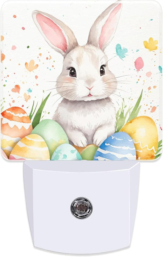 Easter Bunny Eggs Floral Night Light for Kids,Dusk-to-Dawn Auto Sensor Easter Rabbit Flowers Plug in Night Light,0.5W Energy Saving Non-Toxic for Bedroom/Bathroom,Ideal Gifts for Women Men