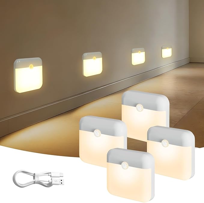 4 Pack Motion Sensor Light Indoor, Rechargeable Night Light, 60LM, 2-Modes, Stick-on Battery Operated LED Sensor Light for Stairway, Hallway, Kitchen, Closet, Bedroom