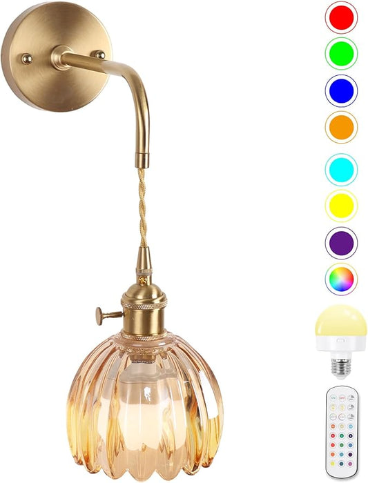 Vintage Wall Sconce, Battery Operated Wall Sconce with Amber Tulip Glass Lampshade, Indoor not Hardwired Wall Sconces with Remote, Rechargeable Vintage Wall Lamp, for Bedroom Living Room