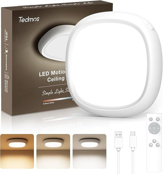 IP54 Waterproof Rechargeable Shower Light Indoor, 12000mAh Motion Sensor Wireless Ceiling Light with Remote No Wiring, Battery Operated Closet Lights Cordless LED Overhead Lighting for Pantry Bathroom