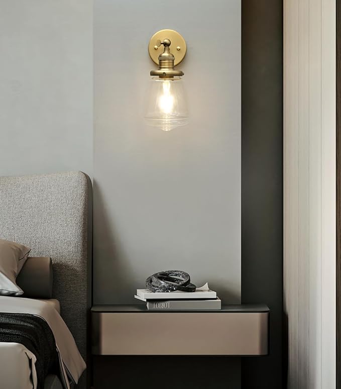 Phansthy Wall Sconces Light Fixture Industrial Wall Lamp, 180 Degree Adjustable Bathroom Vanity Light, Wall Light with Glass Shade Wall Decorative Lighting for Kitchen Living Room Hallway (Antique)