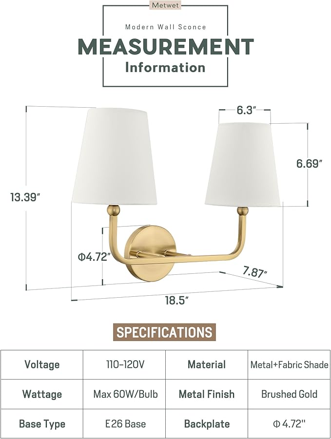 2 Light Bathroom Light Fixtures, Brushed Gold Vanity Lights, Double Wall Sconce with Beige Fabric Shade, Modern Sconces Wall Lighting for Hallway Bedroom Stairway, VL837-BG-B-2