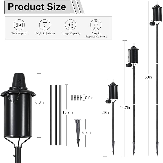 6 Pack Metal Citronella Torches, Torches Garden for Outside 60 inch Flickering Flame Citronella Outdoor Light Torch,Metal Torches for Outside, Camping Patio Pathway Table Torch(Jet Black)