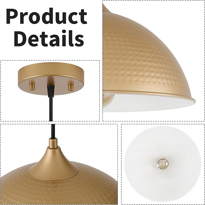 Pendant Lighting for Kitchen Island, 2 Pack 12" Dome Pendant Light Fixtures with Gold and White Finish Industrial Hanging Pendant Light for Dining Room