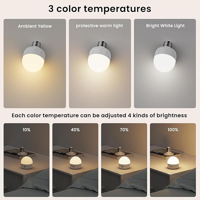 4Packs E26 Rechargeable Magnetic Light Bulbs with Remote and Hook, 10W 900LM Battery operated Emergency LED Bulb 3500mAh, Portable Large Camping Tent Lamp for Home, Hurricane, Power Outage & Outdoor