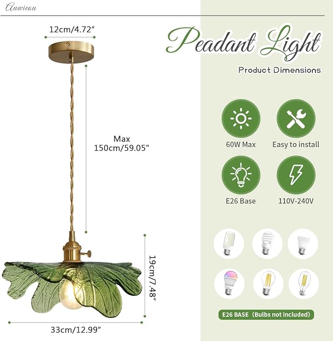 Modern Pendant Lights 2 Pack Green Glass Pendant Lighting Kitchen Island Hand Blown 1-Light Brass Pendant Light Farmhouse Hanging Light fixtures with Glass Shade for Dining Room Bedroom
