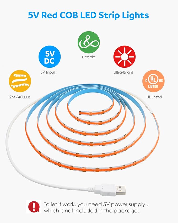 Aclorol COB LED Strip Light 5V USB 6.56FT/2M 640 LEDs Red LED Light Strip for Bedroom Flexible and Cuttble COB Tape Lights for Cabinet Display Home DIY Lighting Decoration CRI85+