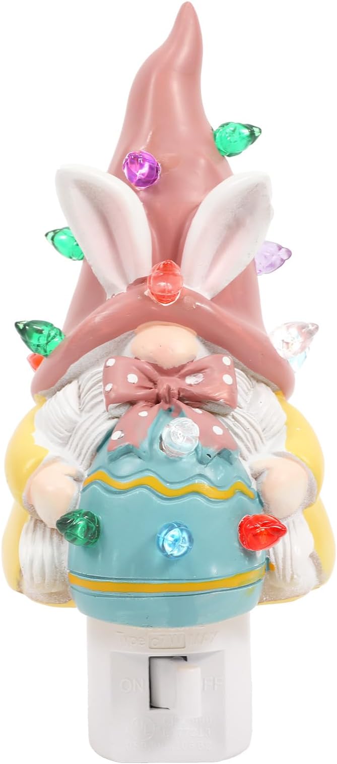 Easter Campfire Flickering Nightlight, Easter Night Light Plug Into Wall with Switch, LED Lamp for Hallway Stair Bedroom Easter Decoration (Pink Gnome)