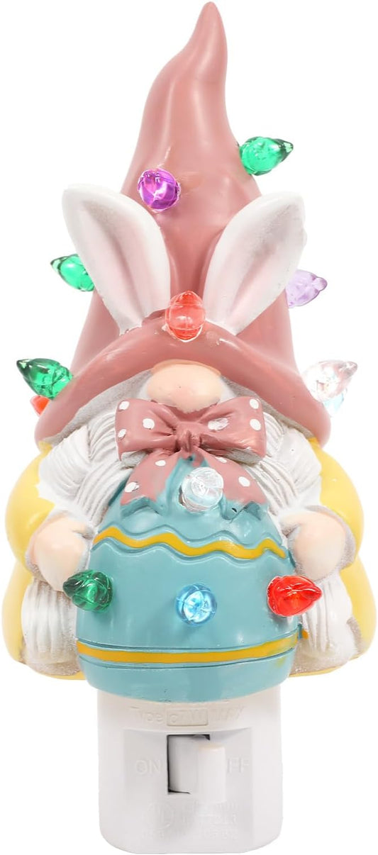 Easter Campfire Flickering Nightlight, Easter Night Light Plug Into Wall with Switch, LED Lamp for Hallway Stair Bedroom Easter Decoration (Pink Gnome)