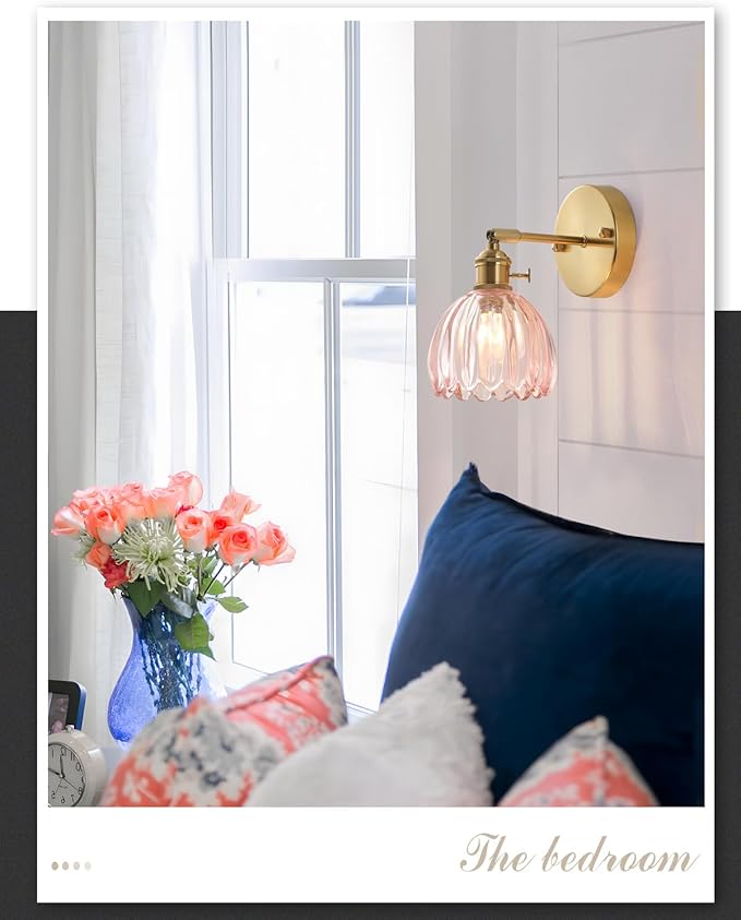 Plug in and Hardwired Wall Sconces, Luxury Vintage Tulip Crystal Glass Shade Wall Light with Switch for Bedside Bedroom Living Room (Tulip-Pink, 1)